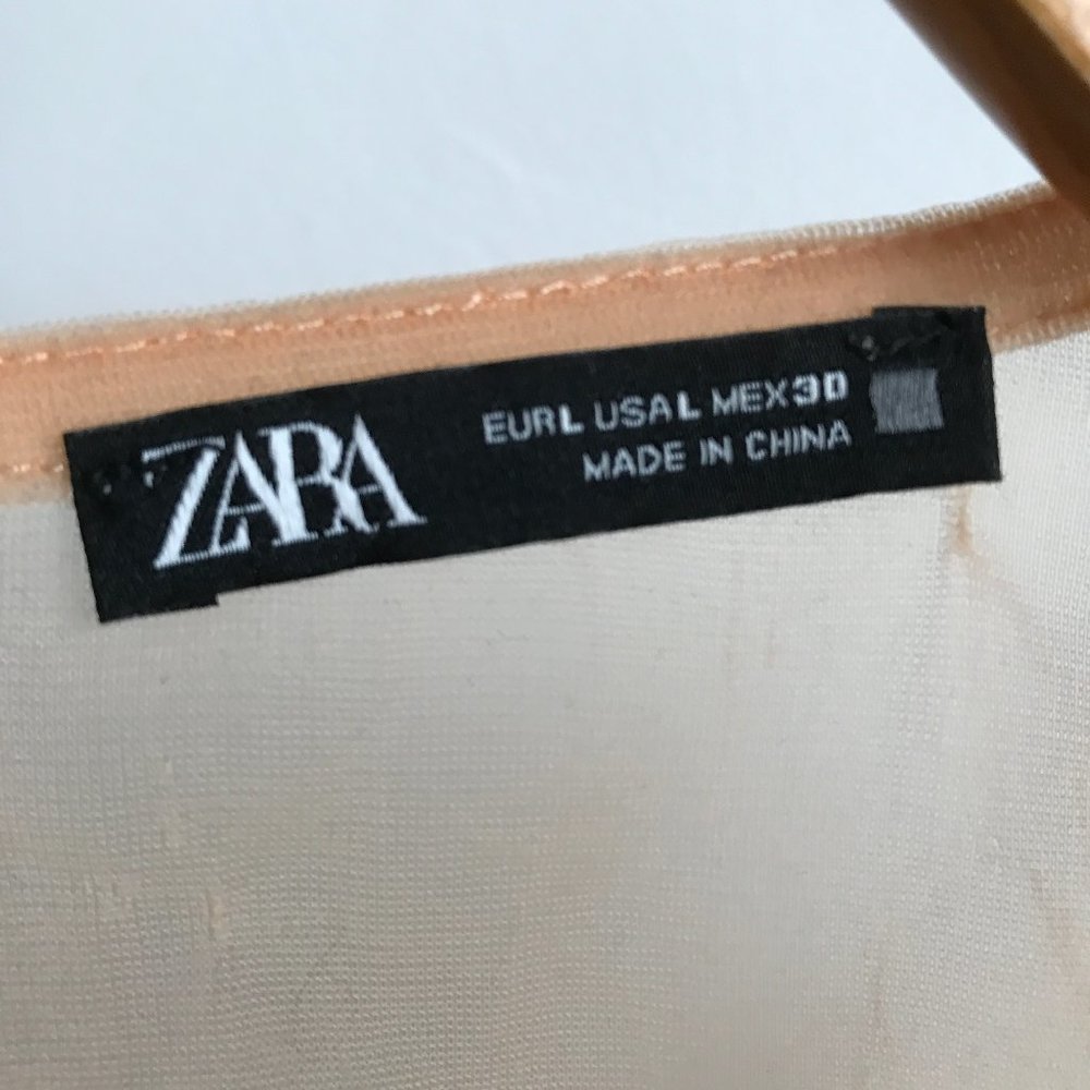 Zara Nude Sheer Long Sleeve Belted Blouse - Picture 3 of 13